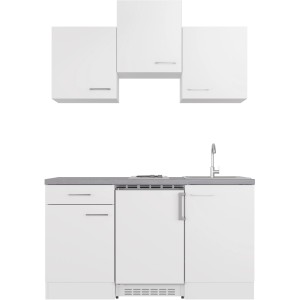 Flex-Well Singleküche Joelina, 150 cm, Weiß matt/Beton Grau, mit Kühlschrank und Kochfeld.