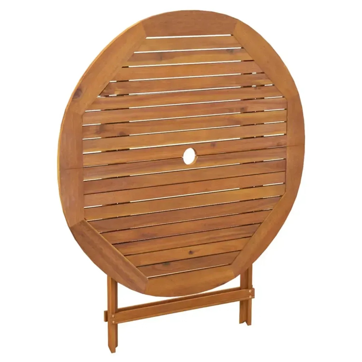 Klappbarer Gartentisch aus Akazienholz, Ø 90 cm, mit Loch für Sonnenschirm.