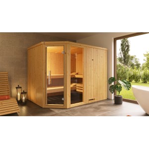Weka Element-Ecksauna Varberg 4 Sparset mit Glastür und Fenster, Fichtenholz natur