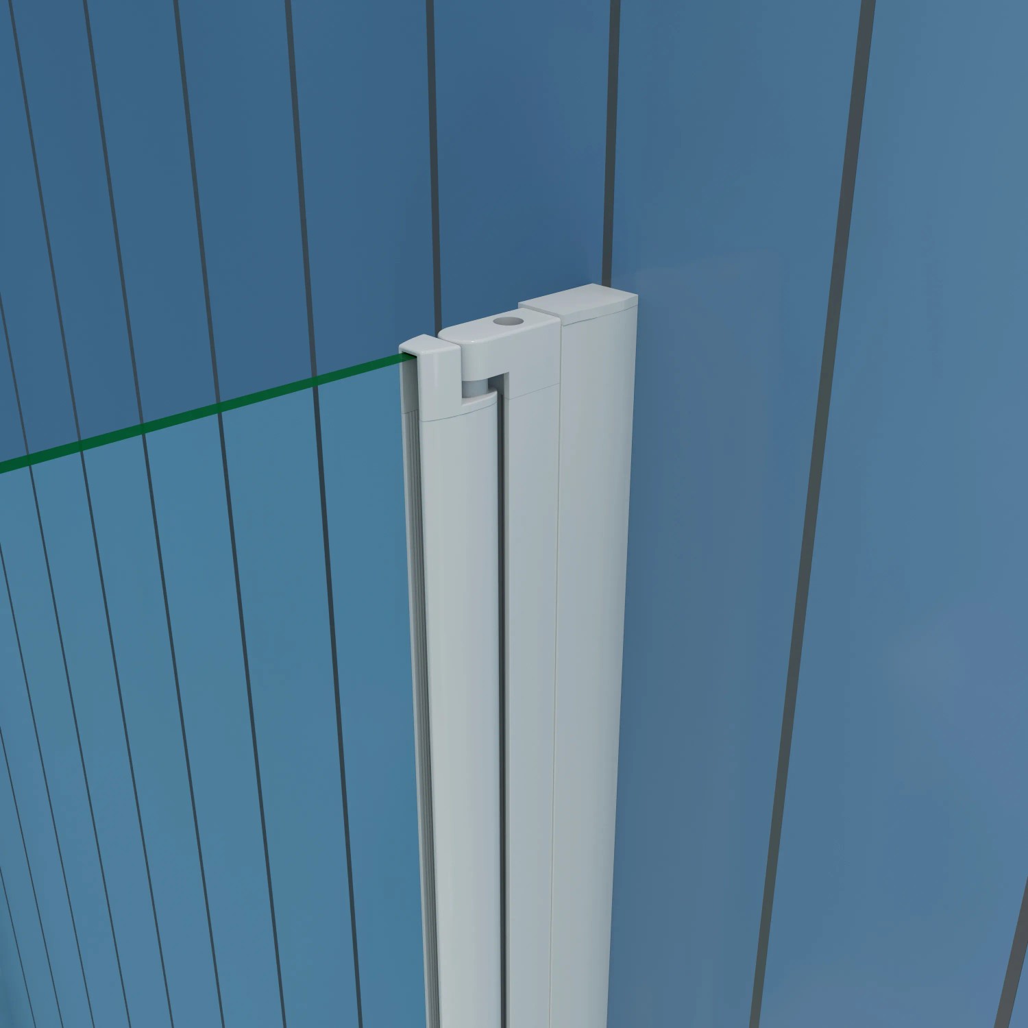 Detailaufnahme: Alu-Eckdusche, silber matt, mit Pendeltür und Sicherheitsglas. Duschabtrennung für Eckeinstieg.