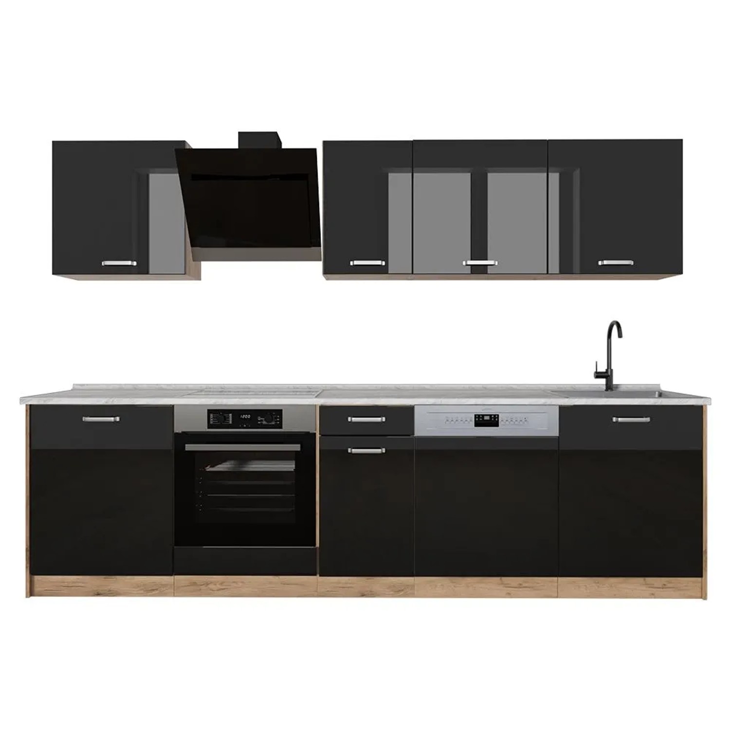 Vicco Küchenzeile R-Line Schwarz Hochglanz/Goldkraft Eiche 280 x 207 Arbeitsplatte Marmor Art Nr 66400