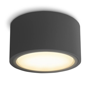 Flacher, anthrazitfarbener LED Deckenstrahler CELI-X mit warmweißem Licht für Wohnräume.