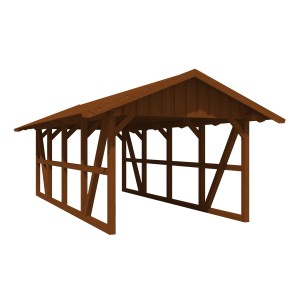 Skan Holz Carport Schwarzwald in Nussbraun mit Dachschalung, Fachwerkbauweise.