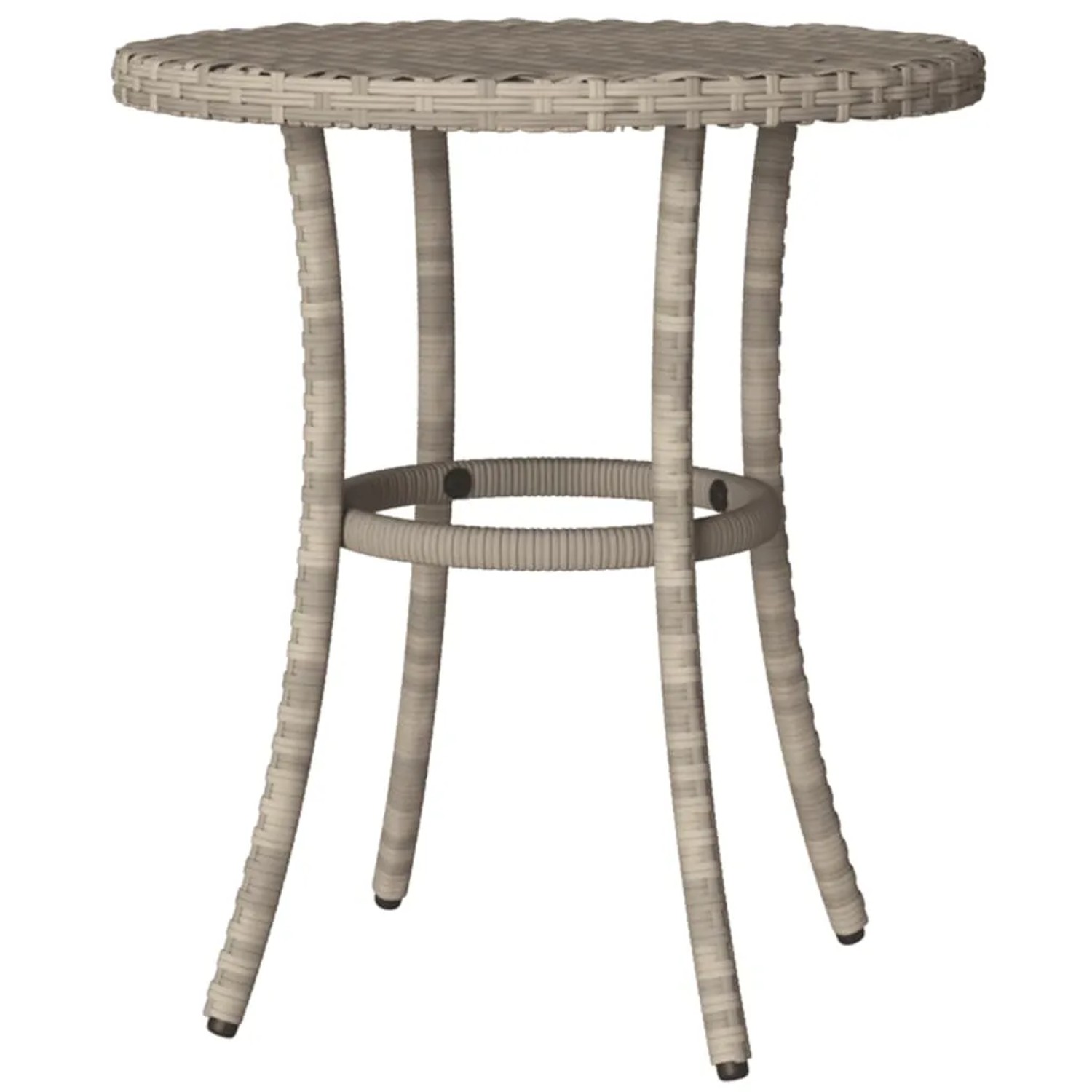 Runder, hellgrauer Gartentisch aus Polyrattan, Teil des vidaXL Bistro-Sets.