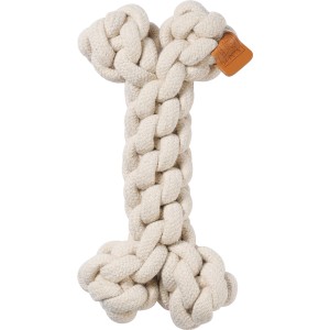 Weißes Seil-Hundespielzeug in Knochenform, ideal für Zerrspiele und zur Förderung der Zahngesundheit.