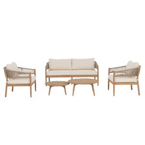 Bizzotto Loungegruppe Thiago Nature Brown mit Akazienholz, Seilgeflecht und Kissen.