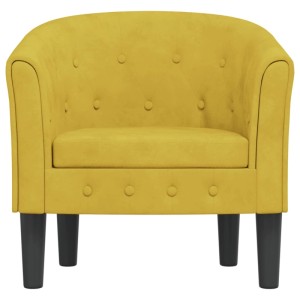 Gelber Samt Clubsessel mit Knopfheftung, ideal als Relaxsessel im Wohnzimmer.