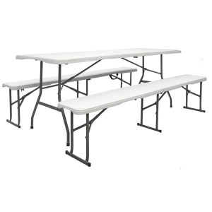 Weiße AMANKA Bierzeltgarnitur für 8 Personen mit Tisch und zwei Bänken. Wetterfest und pflegeleicht.