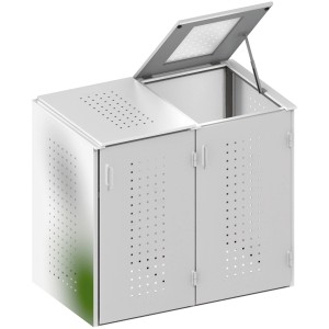 Doppel-Mülltonnenbox Binto 6 aus Edelstahl mit Klappdeckel, Ansicht von vorn.