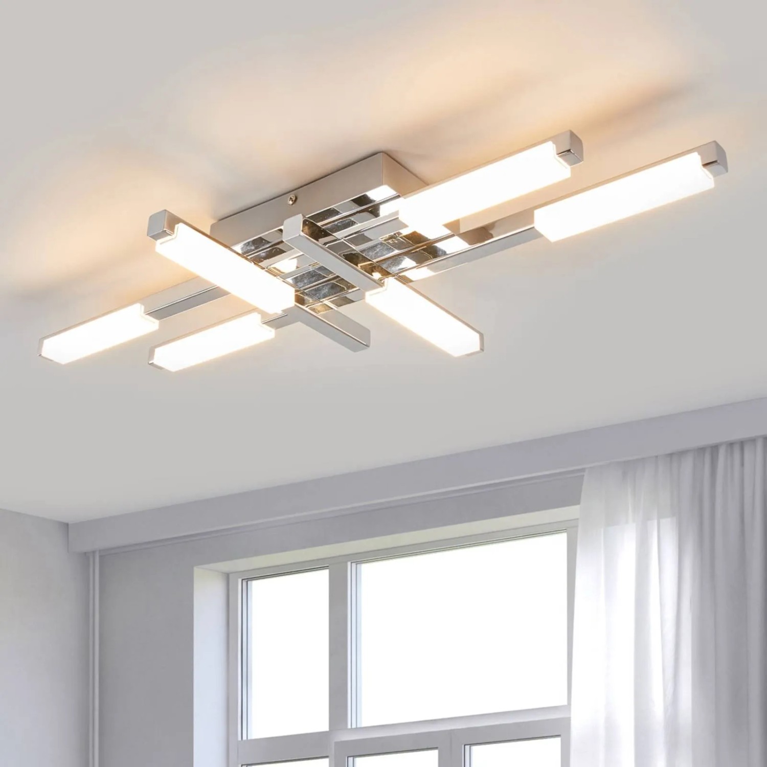 Moderne, 6-flammige LED Bad-Deckenleuchte Patrik in Chrom, spritzwassergeschützt.