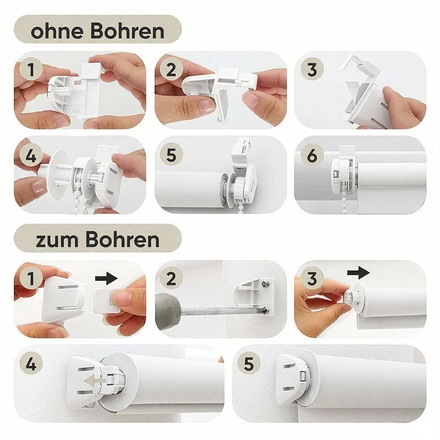 Montageanleitung für weißes Sekey Seitenzugrollo. Schritte für Klemmfix-Montage ohne Bohren und Schraubmontage am Fenster.