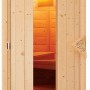 Tür der Karibu Sauna Swenna mit Glaseinsatz und Holzgriff. Massivholzsauna.