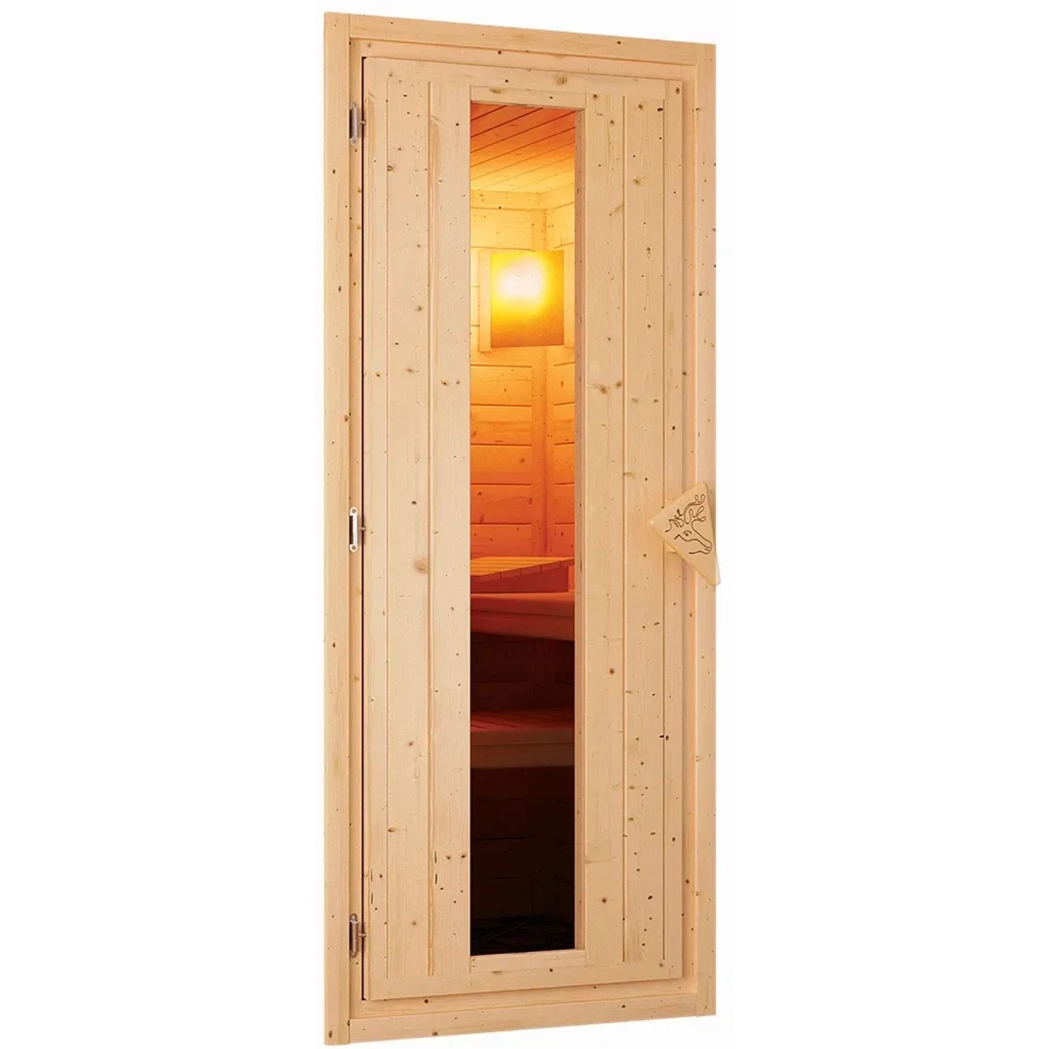 Tür der Karibu Sauna Swenna mit Glaseinsatz und Holzgriff. Massivholzsauna.