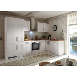 Respekta Winkelküche im Landhausstil, 310 cm, Lärche Weiß Nachbildung mit Elektrogeräten.