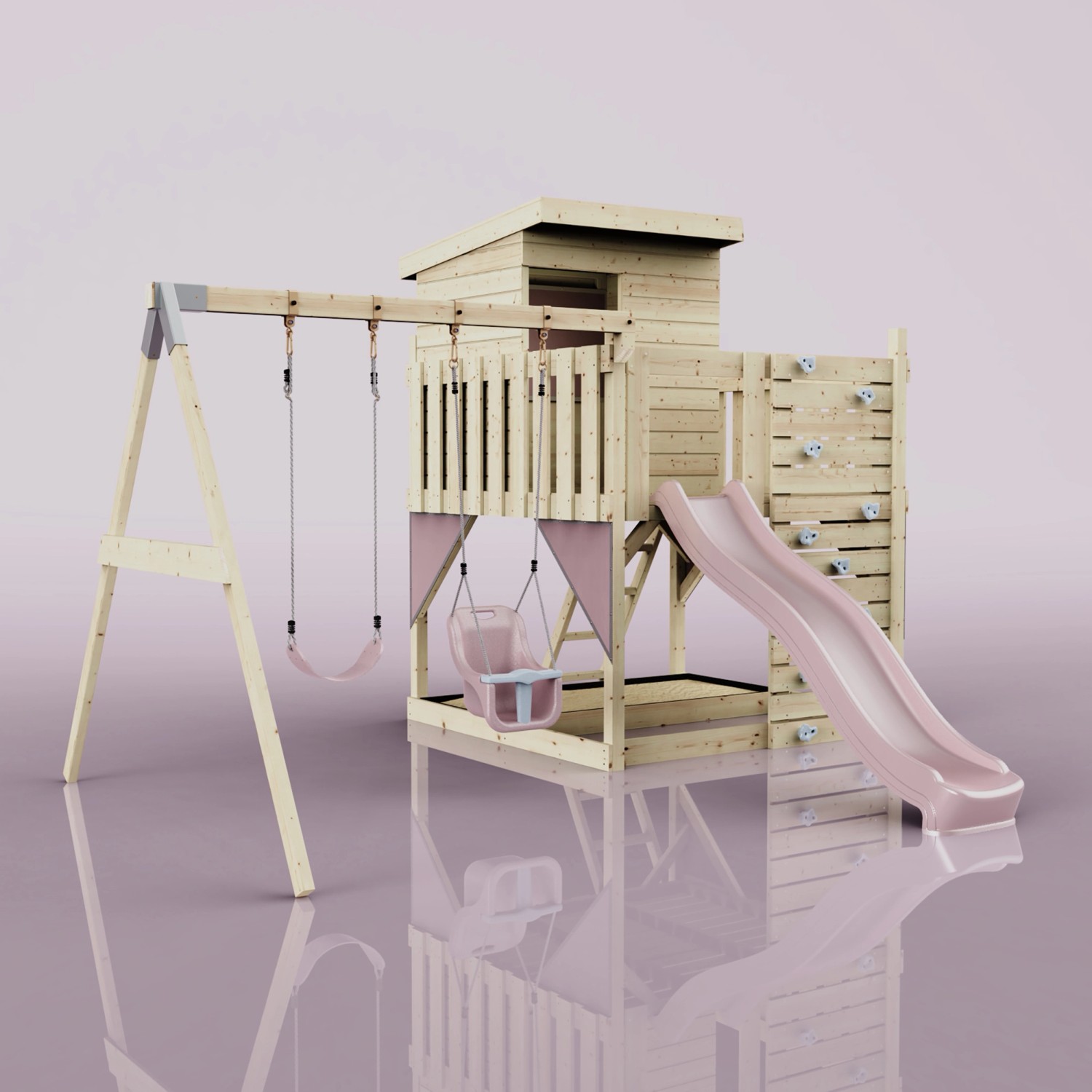 PolarPlay Spielturm Björn mit Babyschaukel, altrosa Rutsche und Kletterwand.