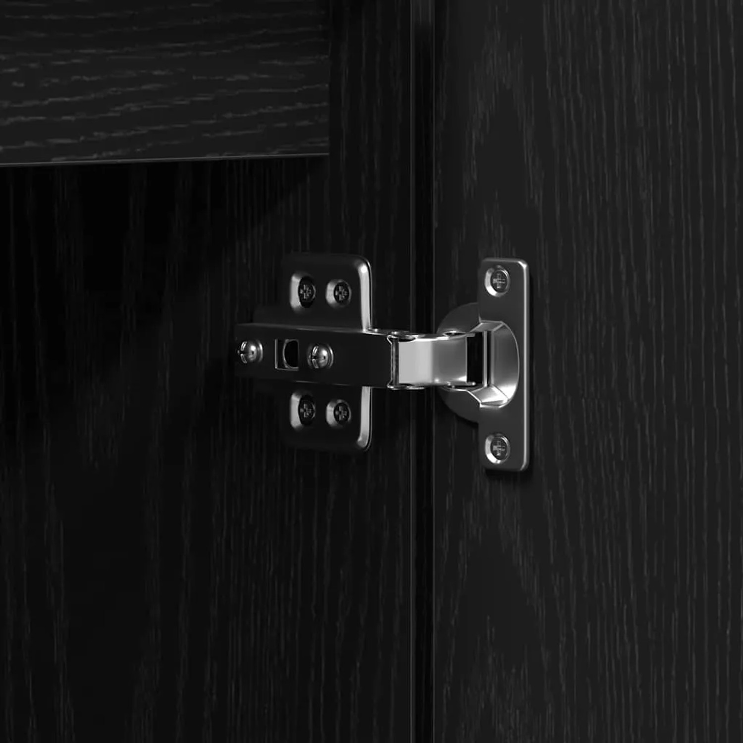Detailansicht: Scharnier an TV-Schrank in Schwarz Eichen-Optik.