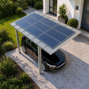Ximax Solarcarport Linea mit Solarmodulen im Edelstahl-Look schützt schwarzes Auto auf Einfahrt vor modernem Haus.