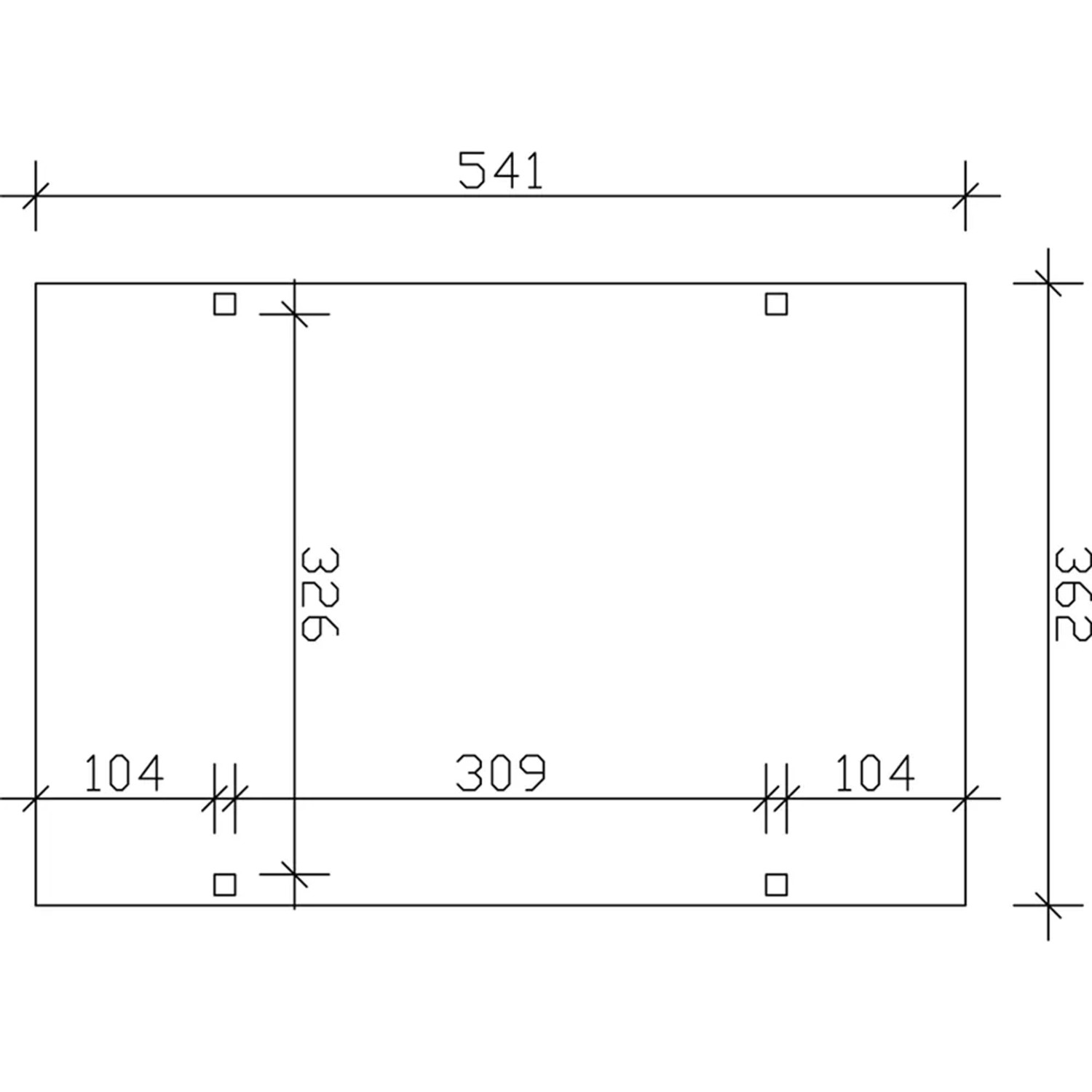 Technische Zeichnung des weißen Skan Holz Carport Westerwald (362x541cm) mit Maßangaben.