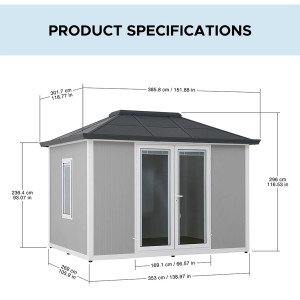 Graues Sunjoy Gartenhaus Riga aus Alu/Stahl, 302x386 cm, mit Maßangaben.