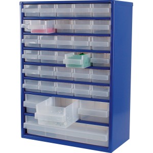 Blaues LUX-TOOLS Stahlmagazin mit 34 transparenten Schubladen zur Aufbewahrung von Kleinteilen.