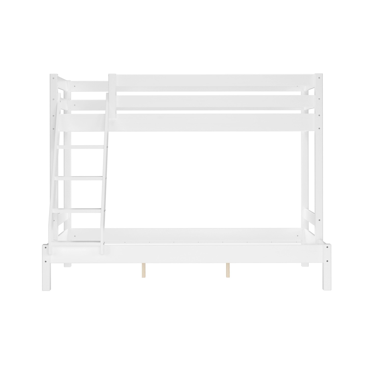 Weißes Doppel-Etagenbett aus Kiefernholz mit Leiter. Liegeflächen 90x200 und 140x200 cm.