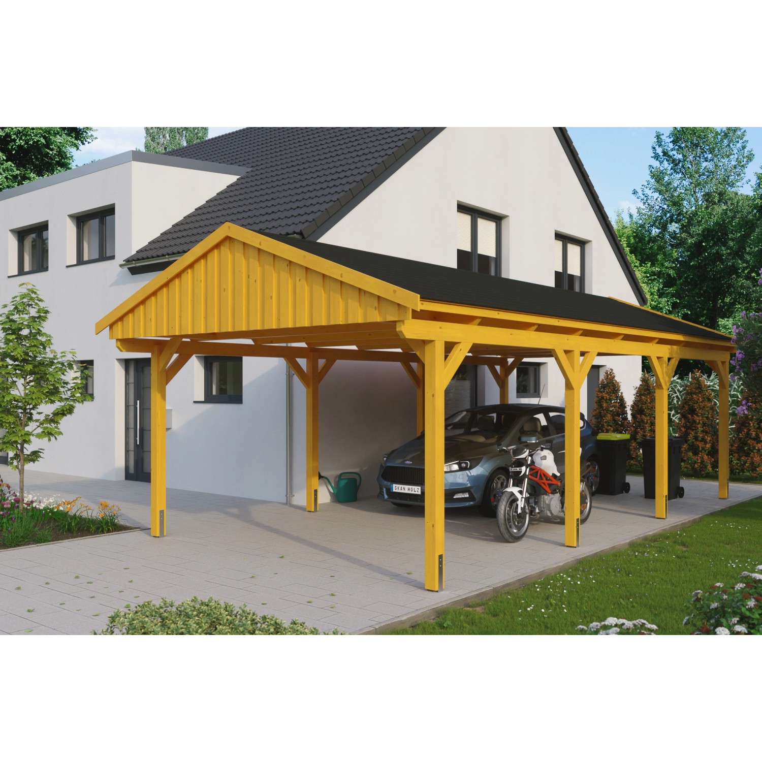 Skan Holz Carport Fichtelberg 423 cm x 808 cm Schwarze Schindeln Eiche Hell