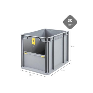 Graue Eurobox NextGen Insight Cover, 30 Liter, mit Entnahmeöffnung und gelben Details. Ideal zur Aufbewahrung.