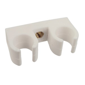 Weißer Kirchhoff Doppel-Rohrclip Ø 18 mm mit M6 Gewindehülse für HT-Rohrschellen.