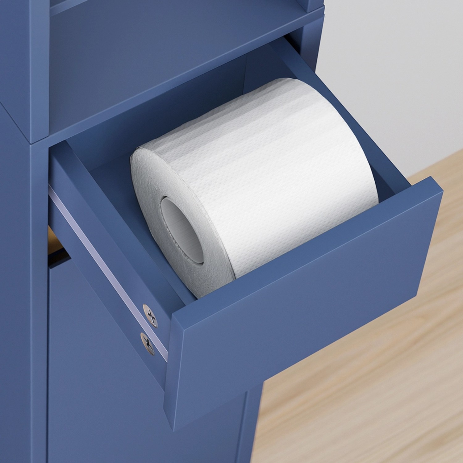 Blauer SoBuy Badezimmerschrank Hochschrank mit offener Schublade und Toilettenpapierrolle.