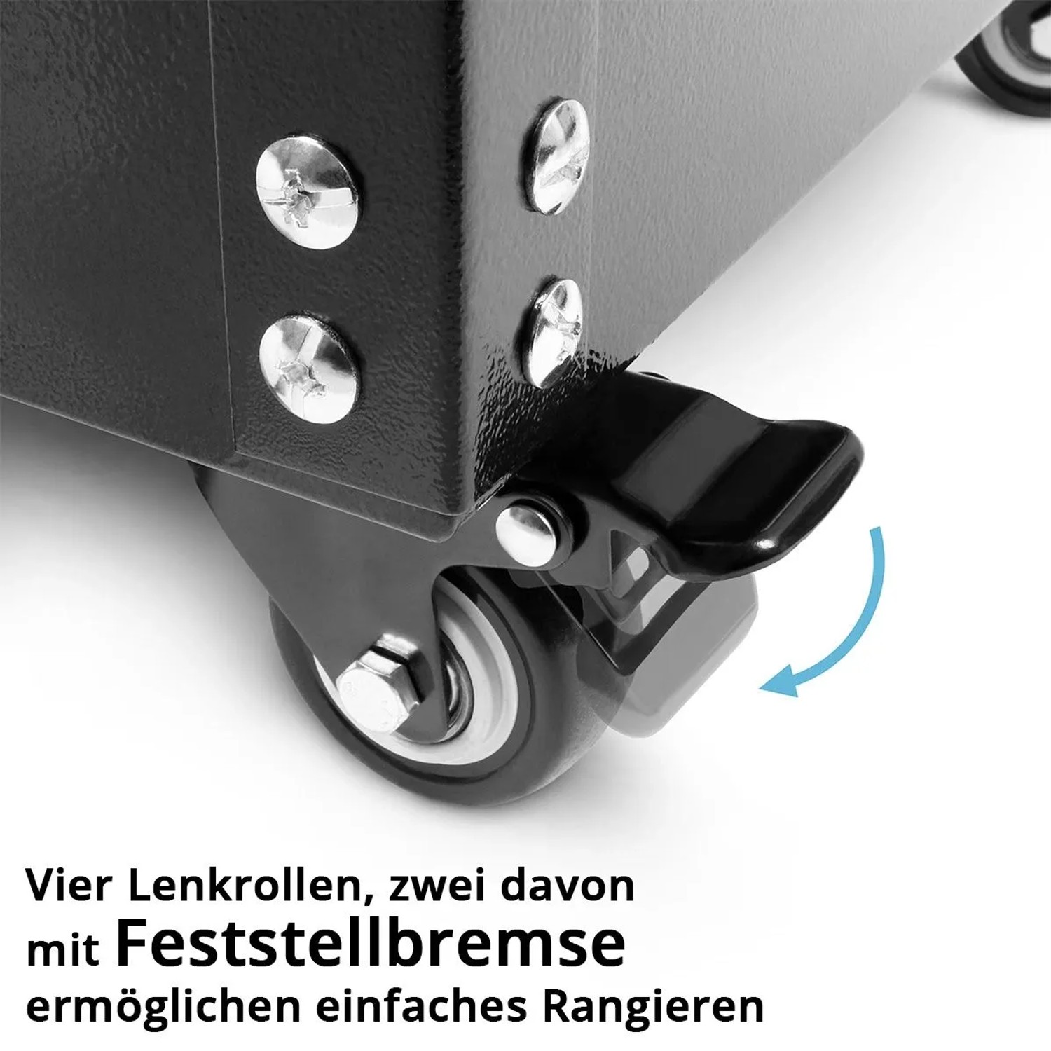 Detailaufnahme: Lenkrolle mit Feststellbremse am STAHLWERK Werkzeugwagen für flexible Mobilität.