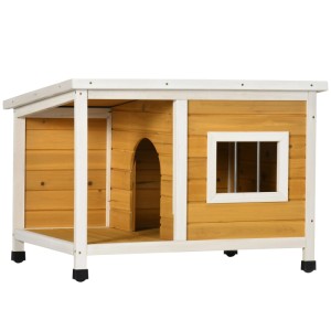 PawHut Hundehütte aus orangefarbenem Tannenholz mit Veranda, Fenster und erhöhten Füßen für den Hundezwinger.
