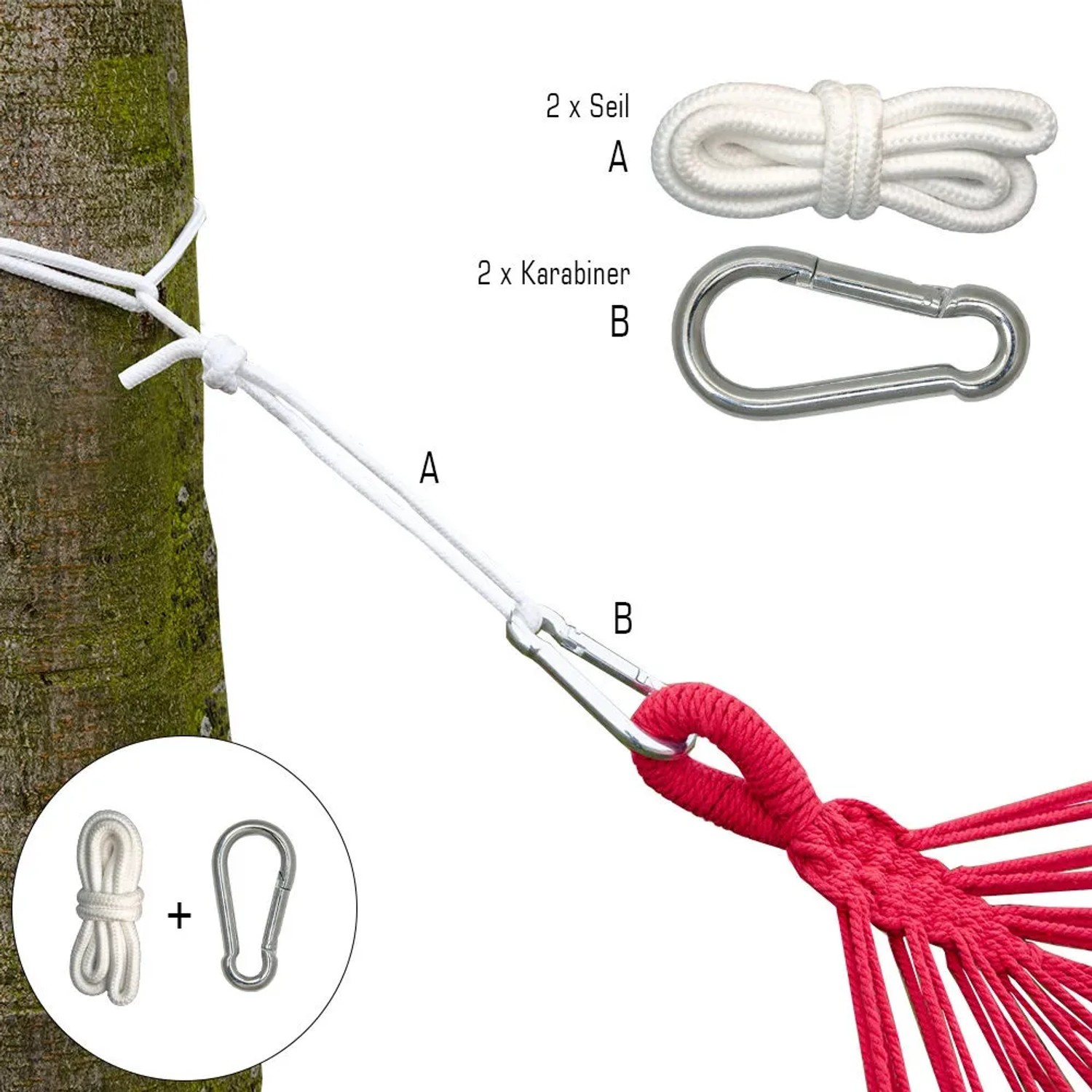 AMANKA Hängematten Befestigung Set mit Seilen und Karabiner bis 160kg, zur Anbringung an Bäumen.