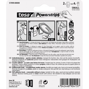 Tesa Klebehaken, Metall weiß, 2 Stück mit Powerstrips Small, zur einfachen Befestigung ohne Bohren.
