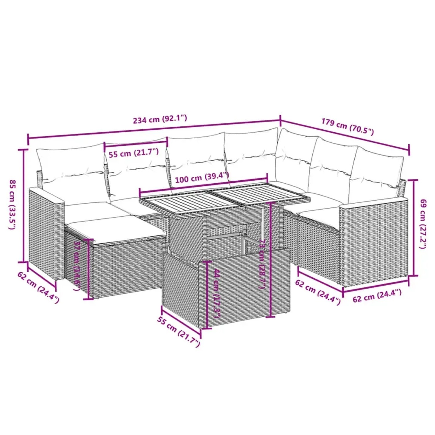 Schwarze 8-teilige Garten-Sofagarnitur aus Polyrattan mit Kissen. Gartenmöbel für Terrasse und Garten.