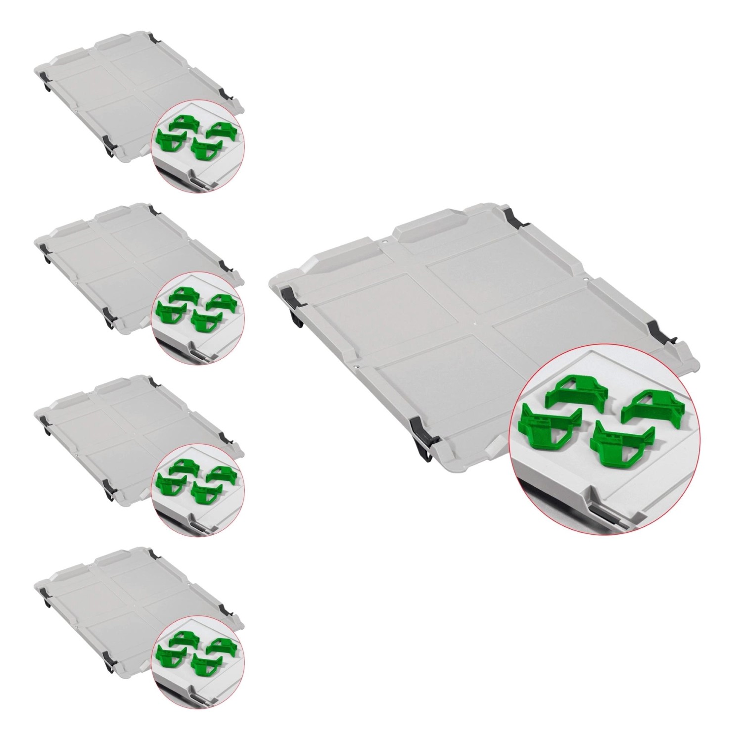 PROREGAL Spar Set: 5 graue Euroboxen mit Deckel und grünen Schiebeschnappverschlüssen.