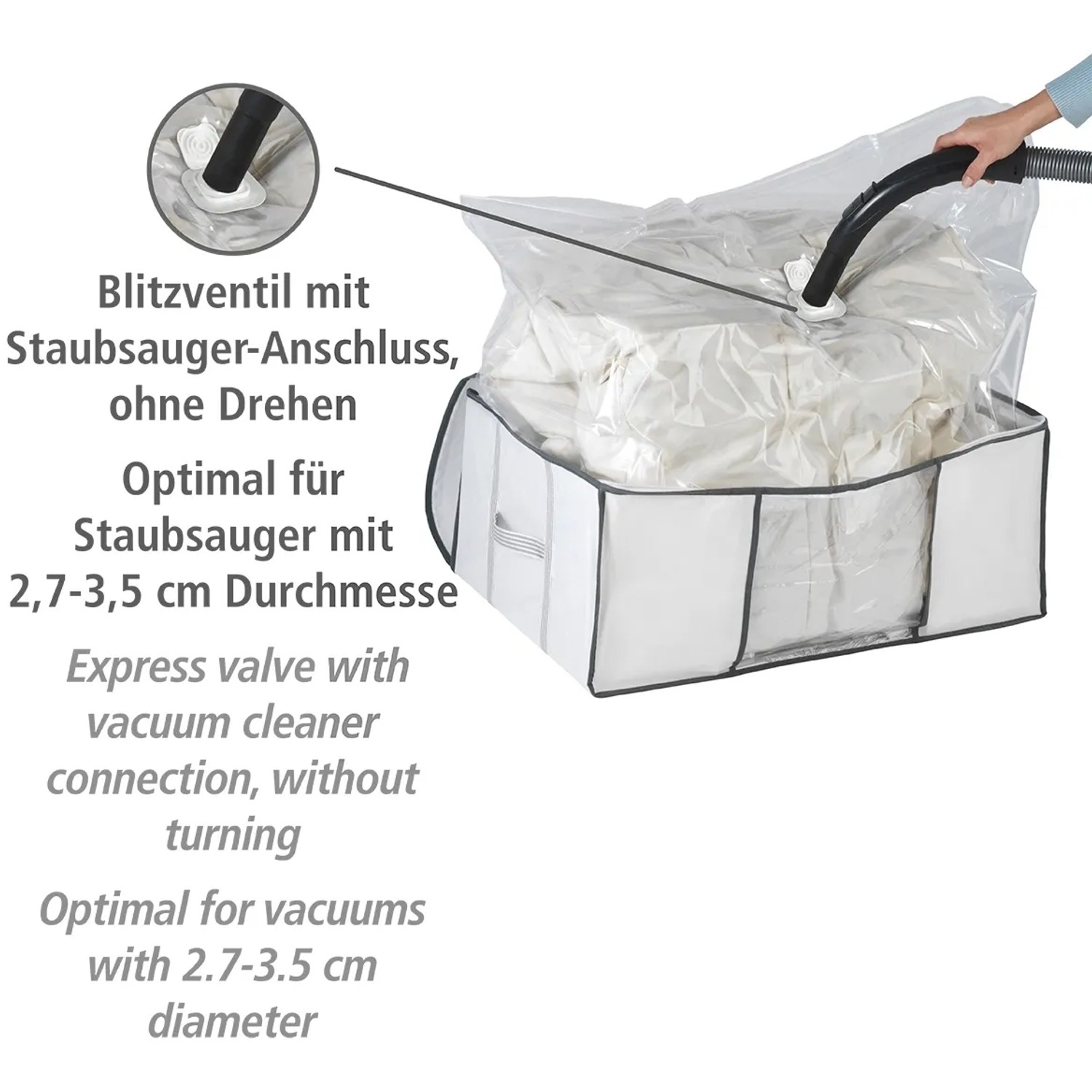 Wenko Vakuum Soft Box L, weiße Textilbox mit Vakuumsack und Staubsaugeranschluss für platzsparende Aufbewahrung.