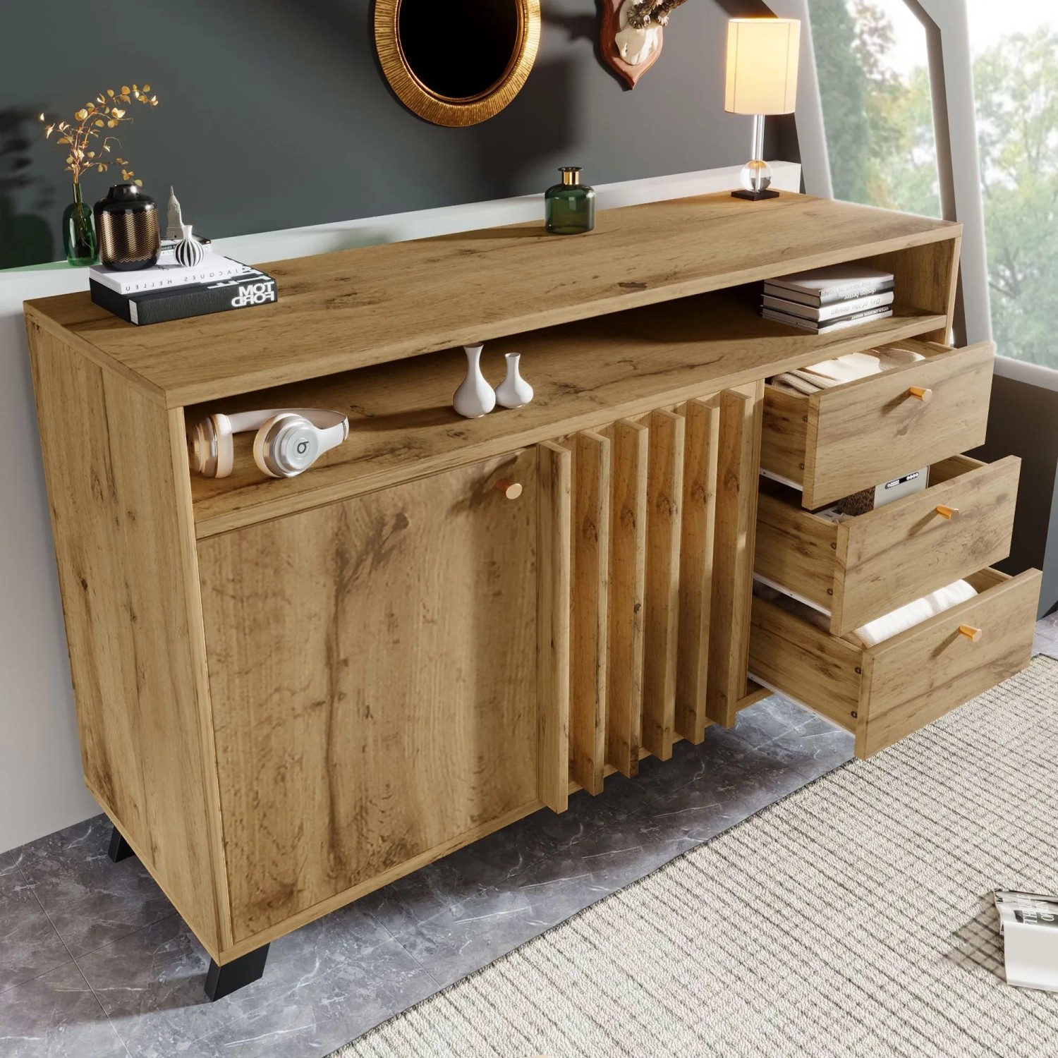 Merax Sideboard 120x40x85cm Lamellenfront Eiche_3