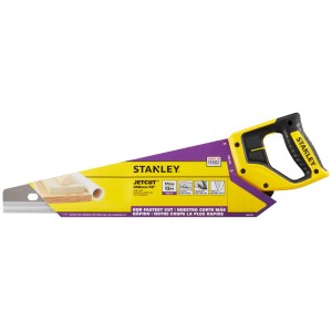 Stanley Jetcut Handsäge Fein, 450mm, mit gelbem Griff. Ideal für feine Holzschnitte.