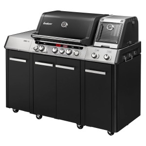 Enders Gasgrill Uniq Pro 3 Iko Cruster: Schwarzer Grill mit Cruster und Unterschrank.
