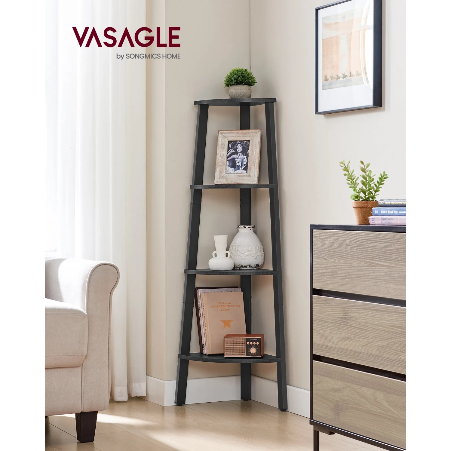 Vasagle Eckregal mit 4 Ebenen in Grau-Schwarz, ideal zur Eckraumnutzung und Dekoration.