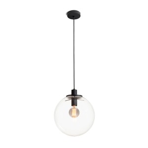 Moderne Rendl Pendelleuchte mit klarem Glaskugel-Schirm und schwarzen Metallakzenten, E27 Fassung.