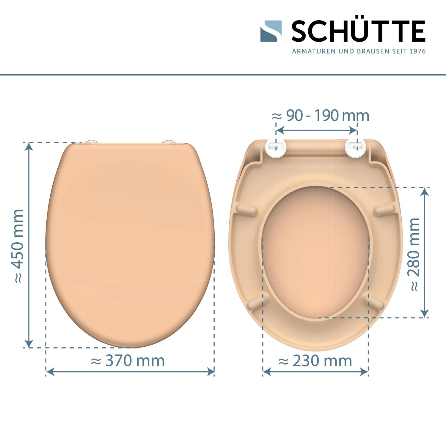 Schütte WC-Sitz Beige Duroplast mit Maßen und Absenkautomatik.