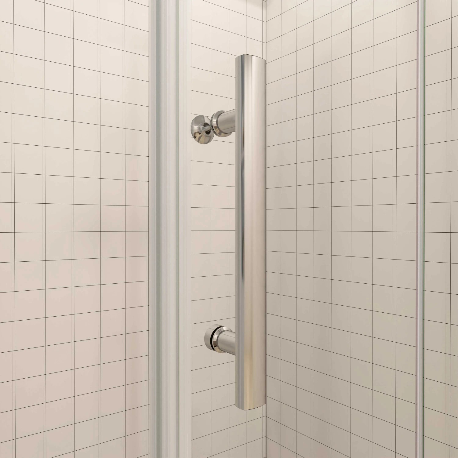 Detailaufnahme einer AICA Falttür Duschkabine mit Griff und 6mm ESG-Glas vor weiß gefliester Wand.