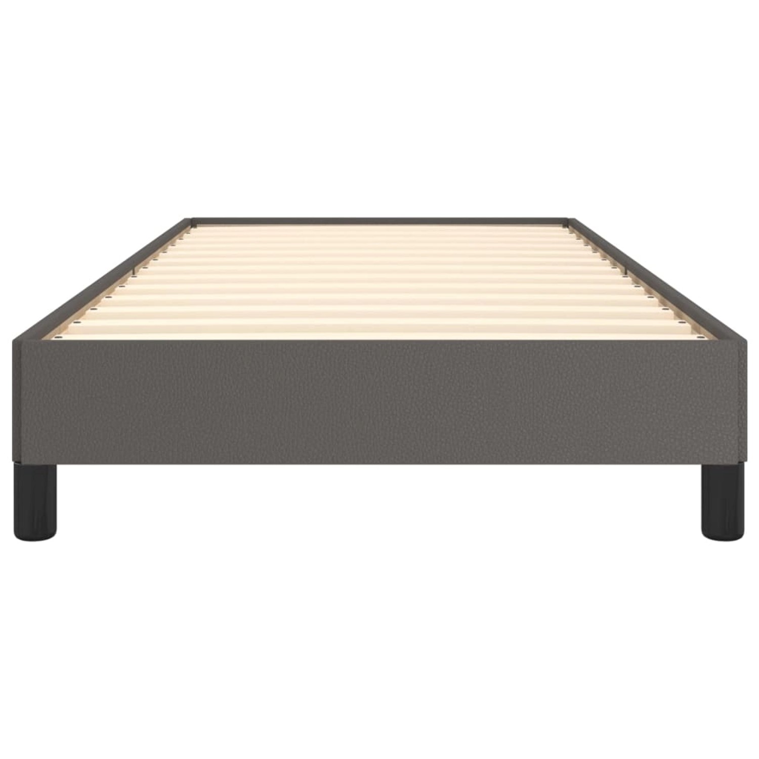 Graues Bettgestell (80x200 cm) mit Lattenrost und Kunstlederbezug.