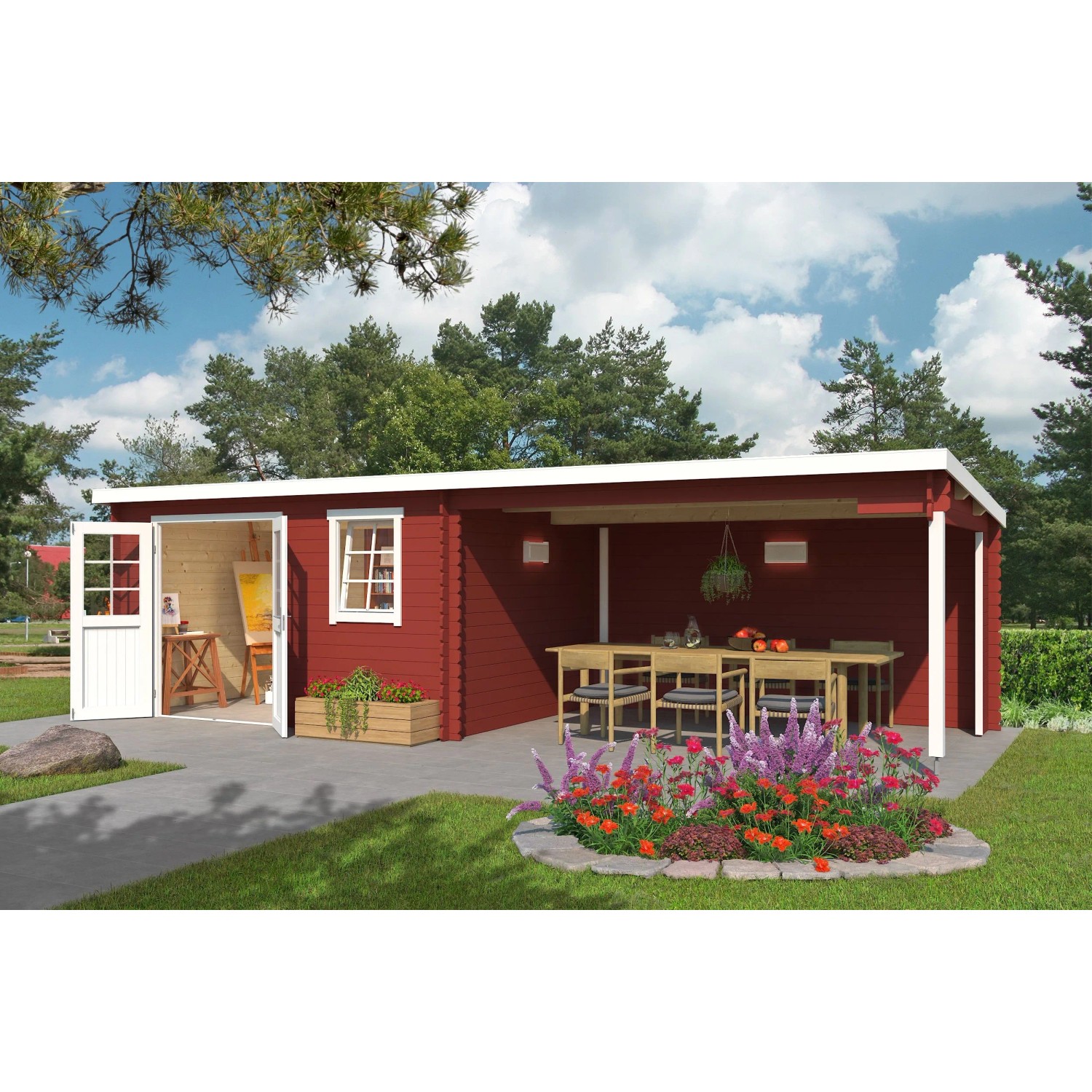 Lasita Holz-Gartenhaus Reno Flachdach Schwedenrot Lasiert 760 cm x 275 cm