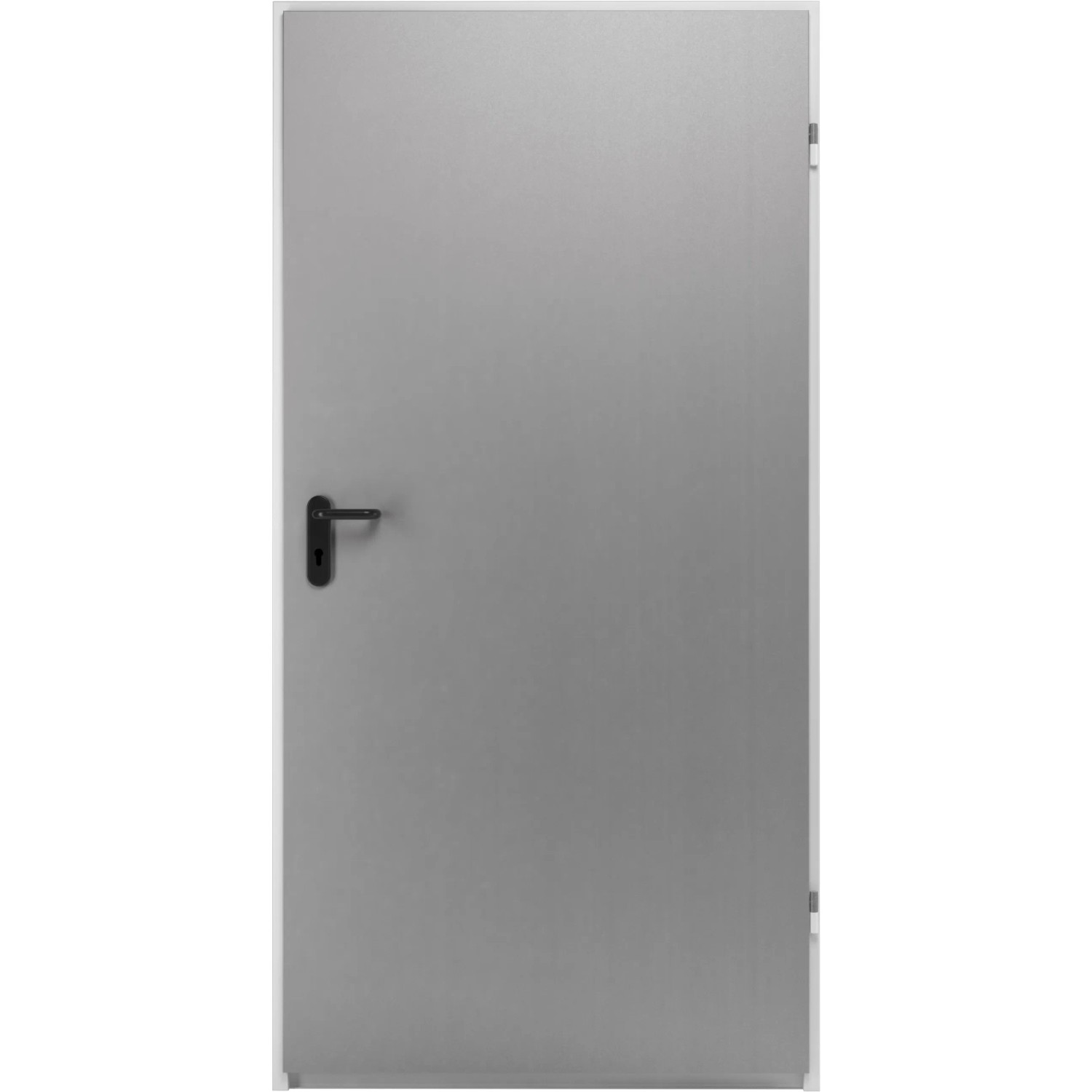 Eingehängtes ZK-Türelement, verzinkt, 750x1875x85 mm, DIN links, mit schwarzem Türgriff.