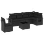 Schwarze 7-tlg. vidaXL Garten-Sofagarnitur aus Poly Rattan mit Kissen und Tisch.