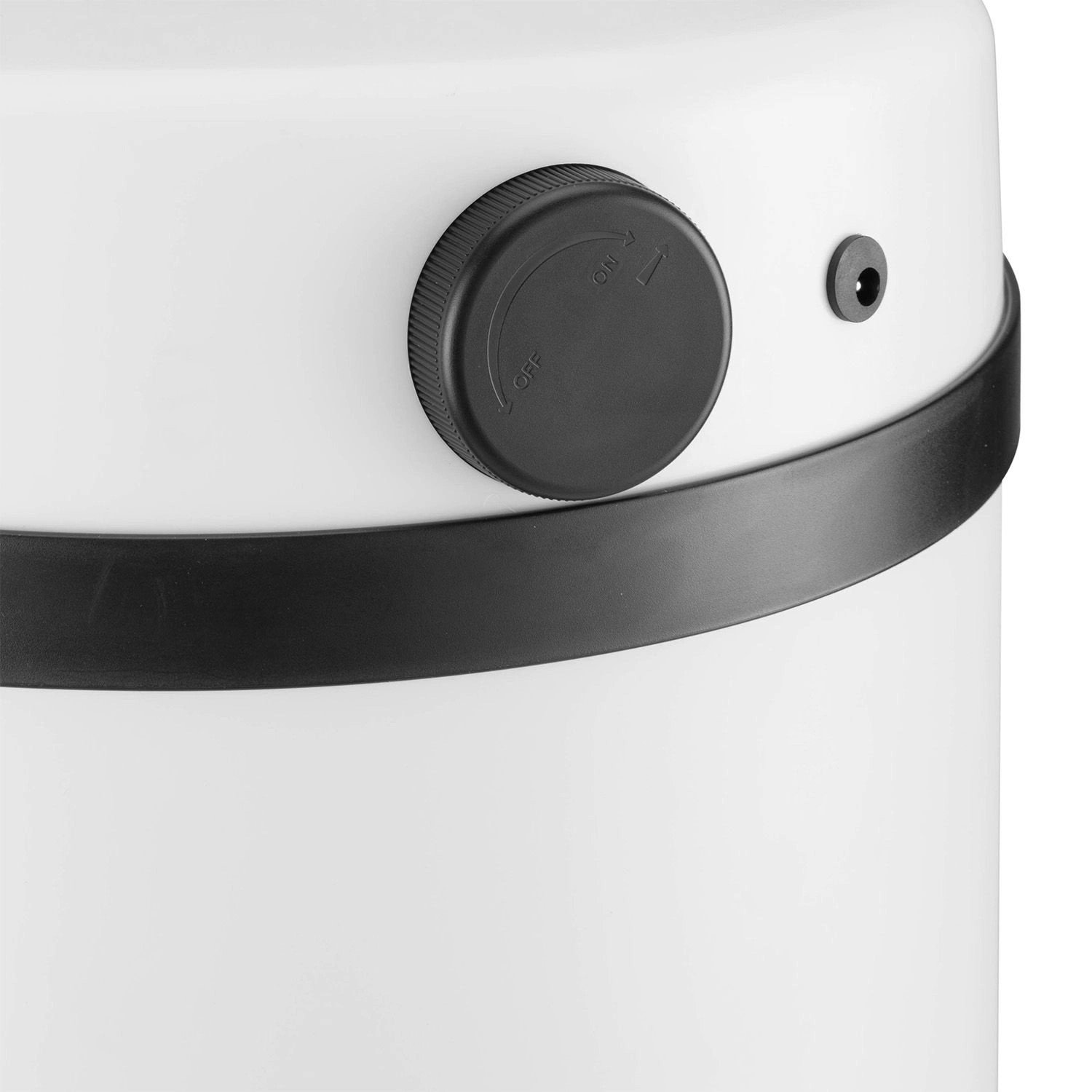 Detailaufnahme: Weißer Juskys Mülleimer mit Sensor, runder Form, mit An/Aus Schalter.