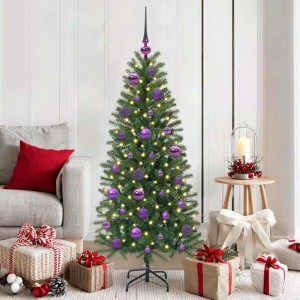 Geschmückter Weihnachtsbaum mit lila Kugeln und LED-Lichtern, vidaXL Set.
