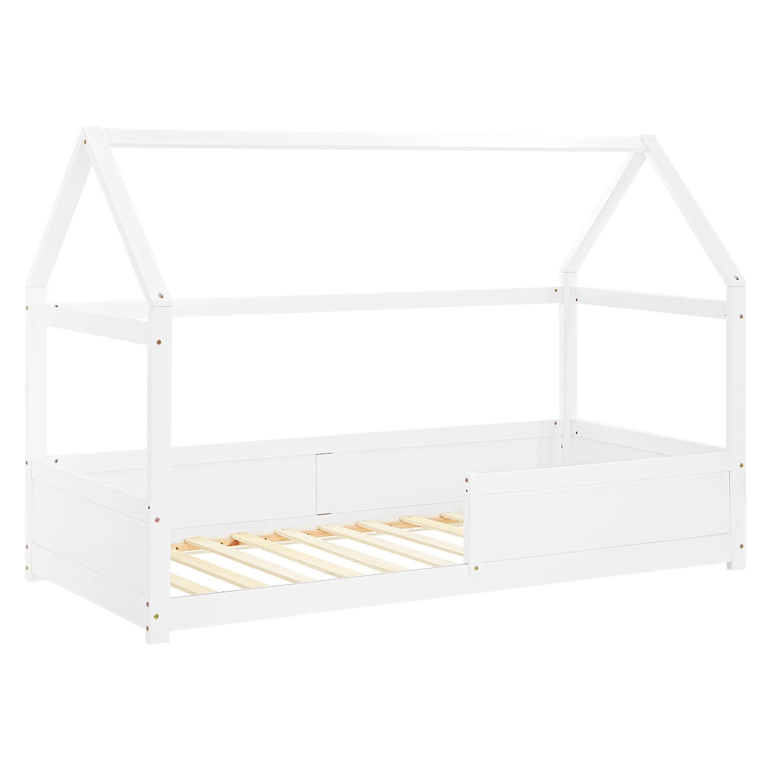 Homestyle4u Kinderbett Weiß Hausbett mit Rausfallschutz 90x200 cm Bodenbett 2811
